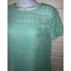 J CREW Sz 00 Aqua Green 100% Linen S/S Tunic Blouse Crochet Lace Trim EUC